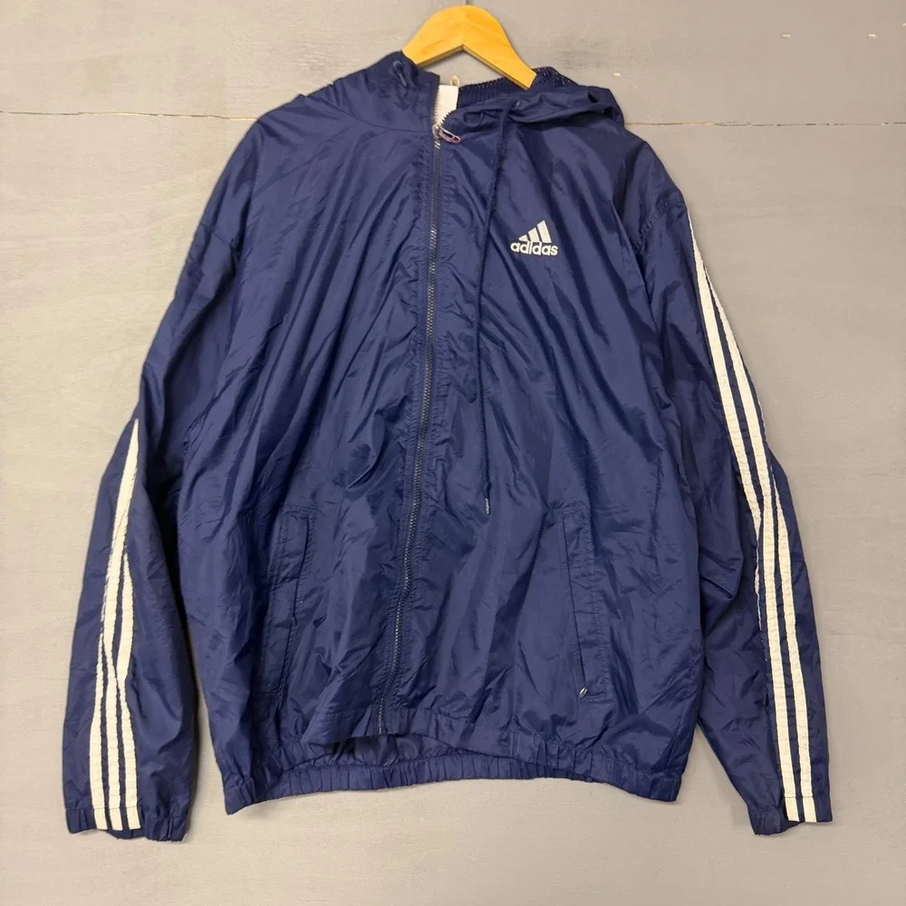 Adidas Vintage Navy Blue Three Stripe Hooded Windbreaker Track Jacket Full‎ Zip